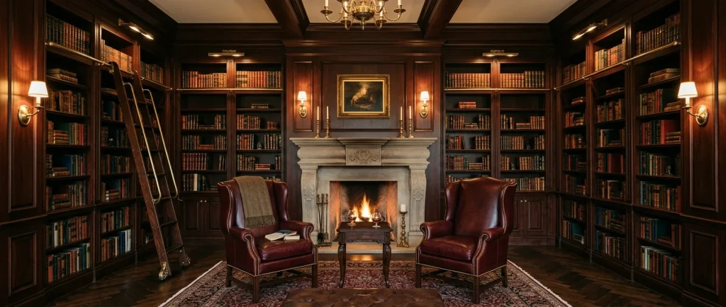 Formal home library featuring dark mahogany symmetrical built-in bookshelves and two leather wingback chairs