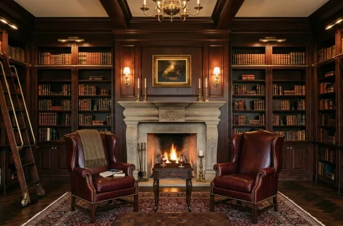 Formal home library featuring dark mahogany symmetrical built-in bookshelves and two leather wingback chairs