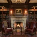 Formal home library featuring dark mahogany symmetrical built-in bookshelves and two leather wingback chairs