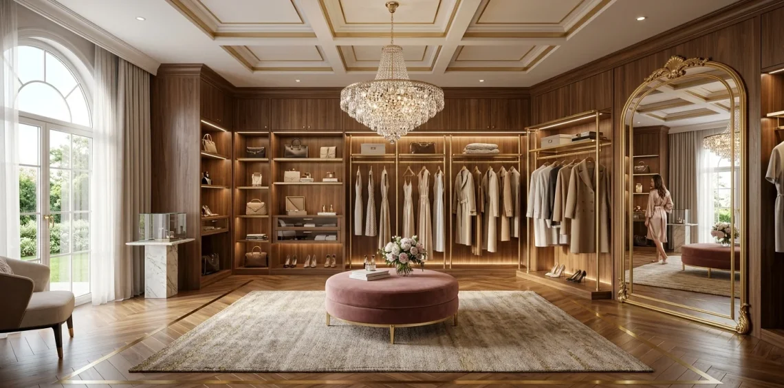 Luxurious modern dream dressing room featuring warm metallic gold accents, a vanity, and organized closets