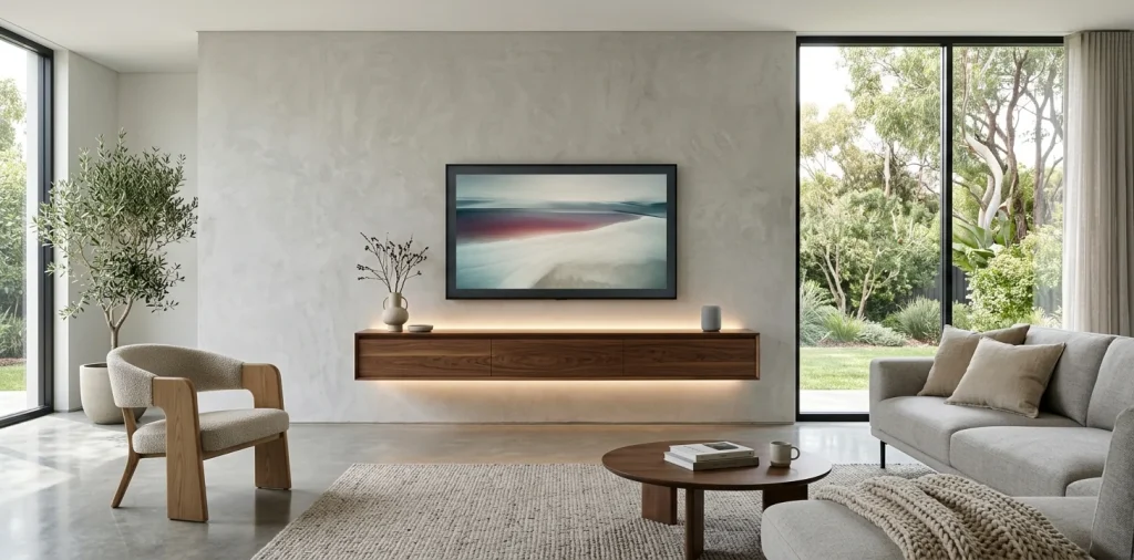 Minimalist modern living room with a glowing smart TV wall unit and hidden technology.
