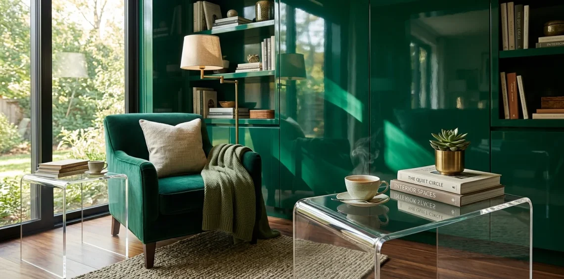 A luxurious reading nook featuring a glossy emerald green wall, velvet armchair, and acrylic side table catching the sunlight.