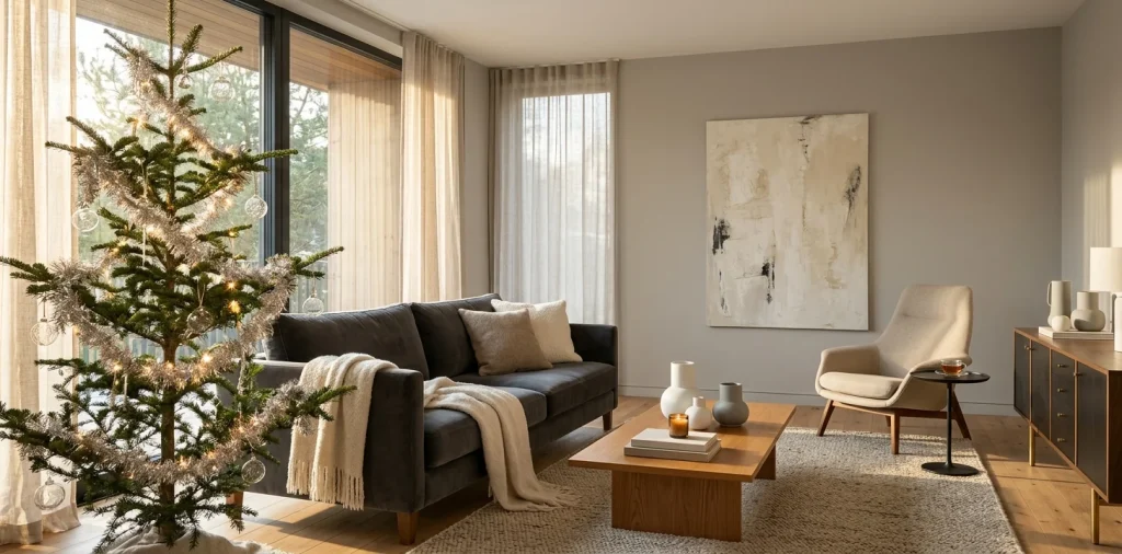 Minimalist living room featuring a beautifully styled Christmas tree with sparse silver tinsel and soft lighting.