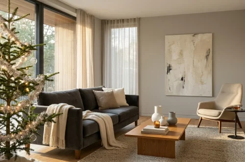 Minimalist living room featuring a beautifully styled Christmas tree with sparse silver tinsel and soft lighting.