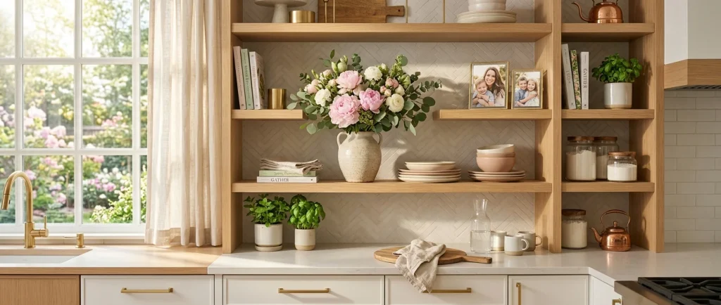 Beautifully styled open kitchen shelving decorated for Mother's Day with pink peonies and stoneware.