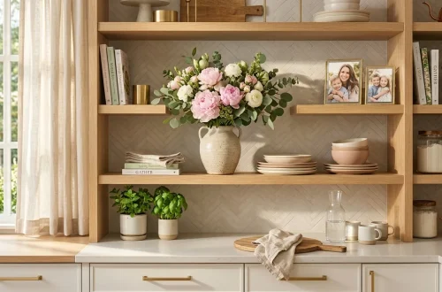 Beautifully styled open kitchen shelving decorated for Mother's Day with pink peonies and stoneware.