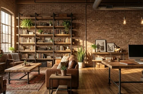 Rustic industrial loft interior featuring reclaimed wood and iron pipe furniture.