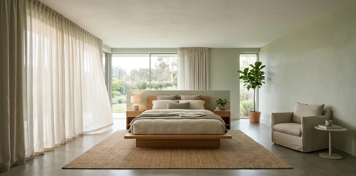 Modern low ceiling bedroom featuring a sleek platform bed and floor-to-ceiling sheer curtains
