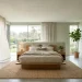 Modern low ceiling bedroom featuring a sleek platform bed and floor-to-ceiling sheer curtains