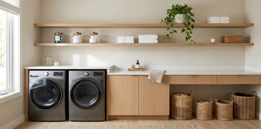 Minimalist laundry room with white washer and dryer under a sleek quartz counter and organized oak floating shelves.