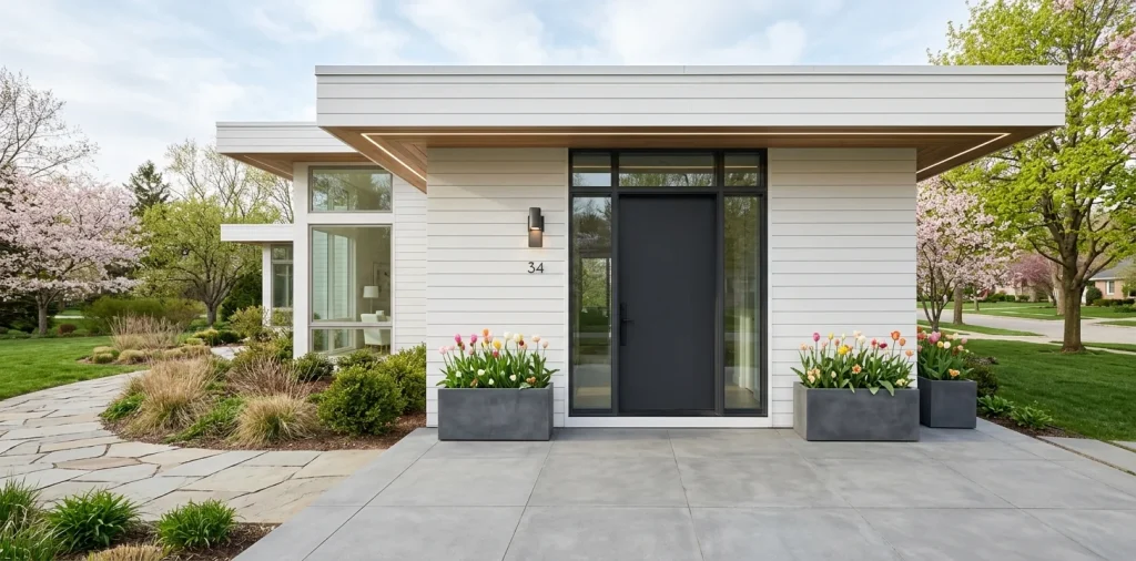 A modern minimalist front porch featuring clean lines, a sleek charcoal door, and geometric planters with spring flowers.