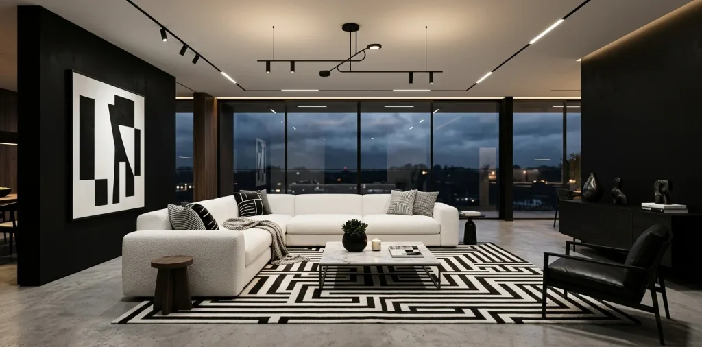 Modern black and white living room featuring a plush white sofa against a matte black accent wall.