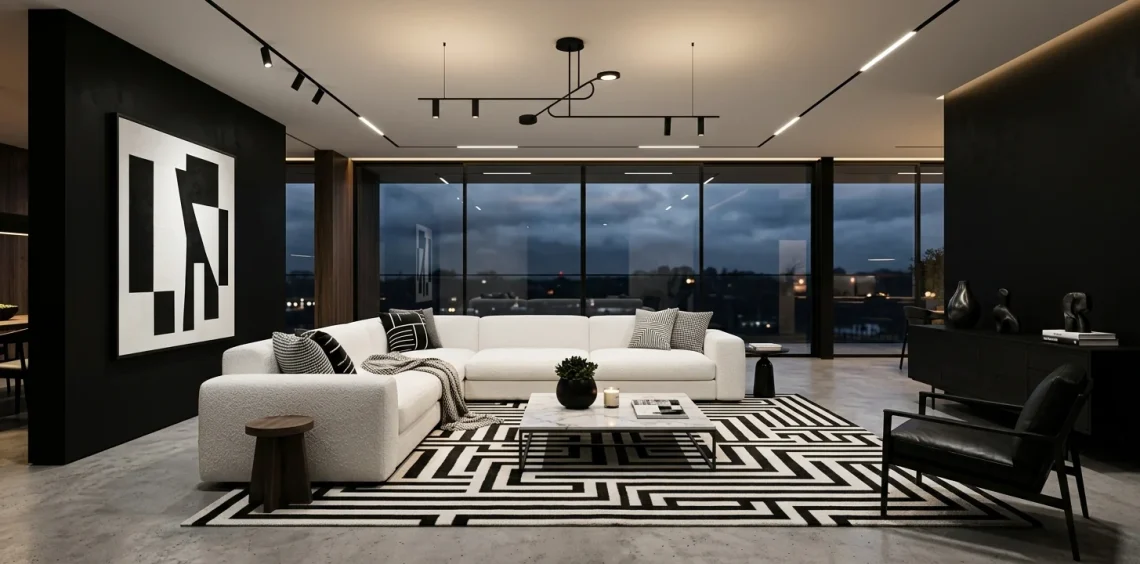 Modern black and white living room featuring a plush white sofa against a matte black accent wall.