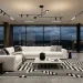 Modern black and white living room featuring a plush white sofa against a matte black accent wall.