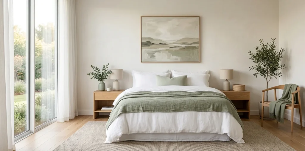 Serene modern bedroom featuring soft sage green decor accents like a linen throw, accent pillows, and a ceramic vase.