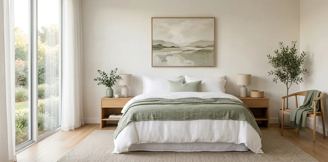 Serene modern bedroom featuring soft sage green decor accents like a linen throw, accent pillows, and a ceramic vase.