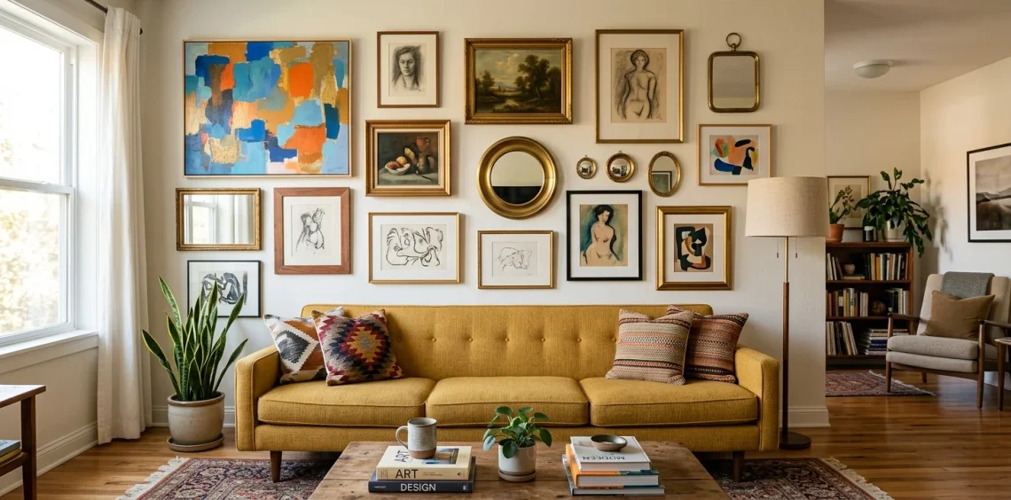 Beautifully styled gallery wall in a small apartment living room above a mustard sofa