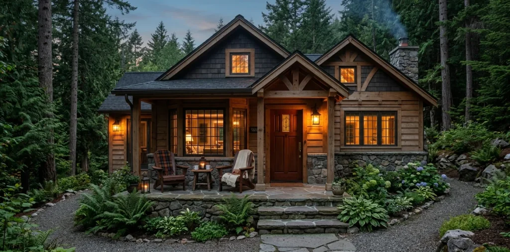 Beautiful rustic cottage exterior with warm lantern lighting and cozy cabin aesthetic