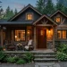 Beautiful rustic cottage exterior with warm lantern lighting and cozy cabin aesthetic