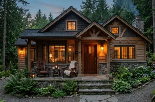 Beautiful rustic cottage exterior with warm lantern lighting and cozy cabin aesthetic