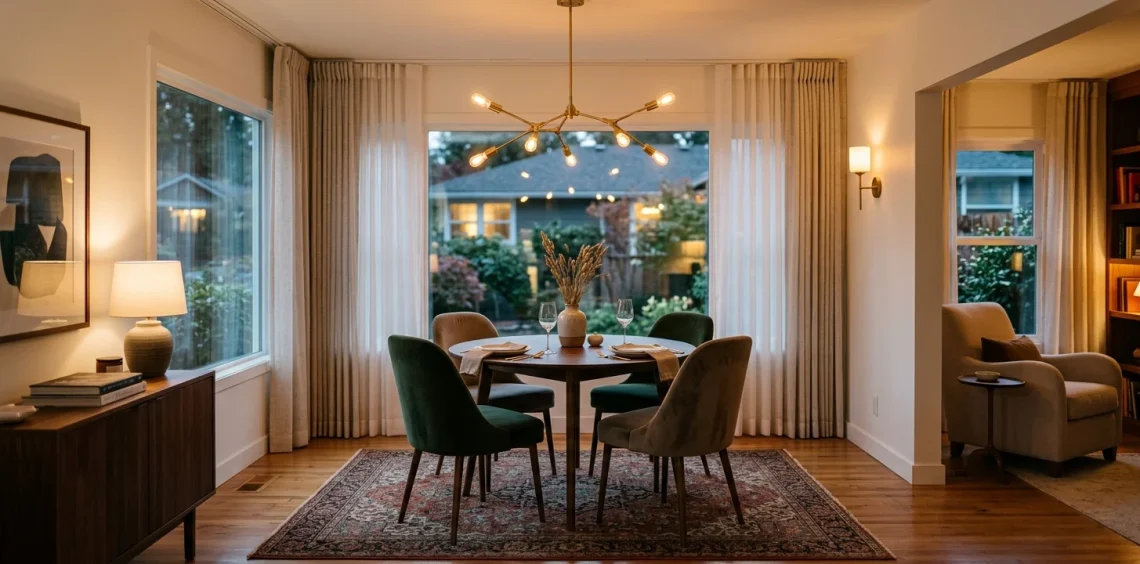 Small cozy dining room design featuring a round walnut table and velvet chairs under warm lighting.
