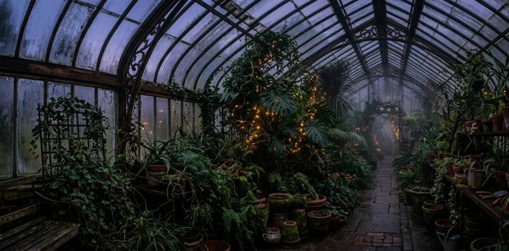 Spooky Victorian greenhouse decorated for Halloween with dark plants and glowing fairy lights