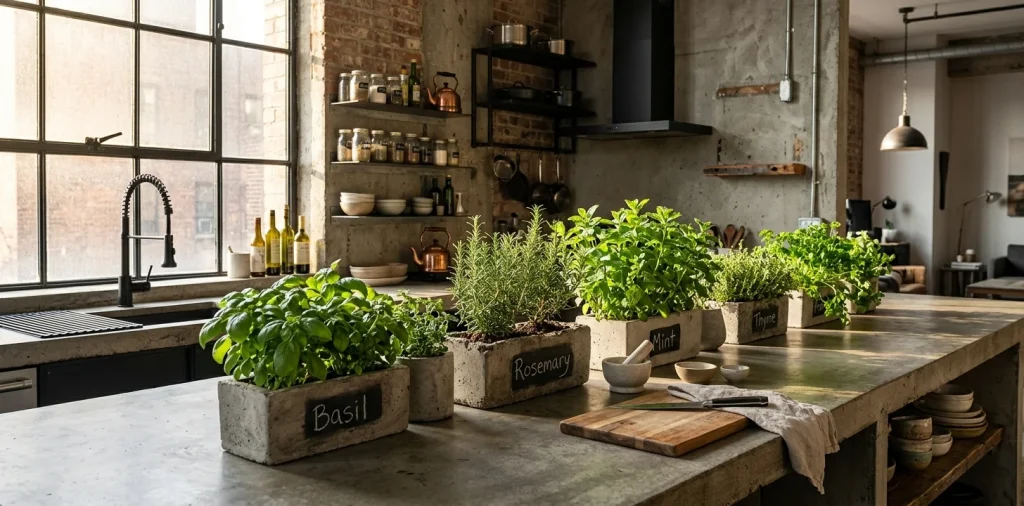 A wide view of a modern industrial kitchen featuring various concrete herb planters on a counter