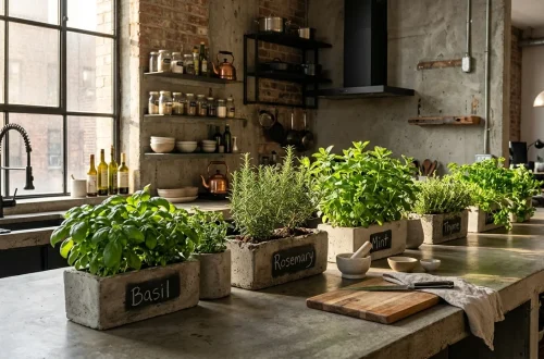 A wide view of a modern industrial kitchen featuring various concrete herb planters on a counter