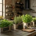 A wide view of a modern industrial kitchen featuring various concrete herb planters on a counter