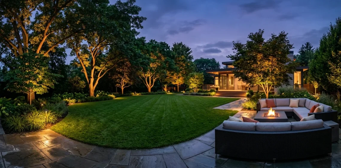 Beautiful modern backyard at dusk with warm uplighting illuminating large trees