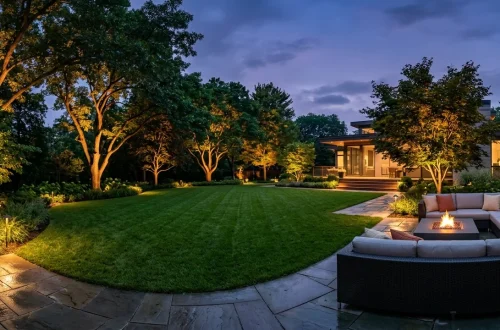 Beautiful modern backyard at dusk with warm uplighting illuminating large trees
