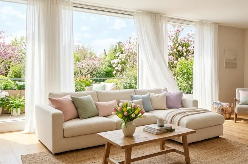 Bright spring living room with a cozy cream sofa featuring blush pink, sage green, and powder blue pastel throw pillows.