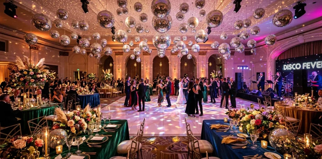Elegant wedding reception venue decorated with hanging silver disco balls and sophisticated colorful lighting.
