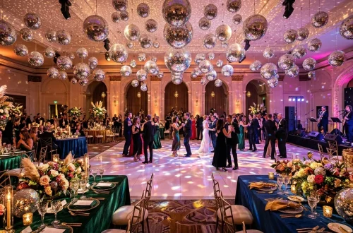 Elegant wedding reception venue decorated with hanging silver disco balls and sophisticated colorful lighting.