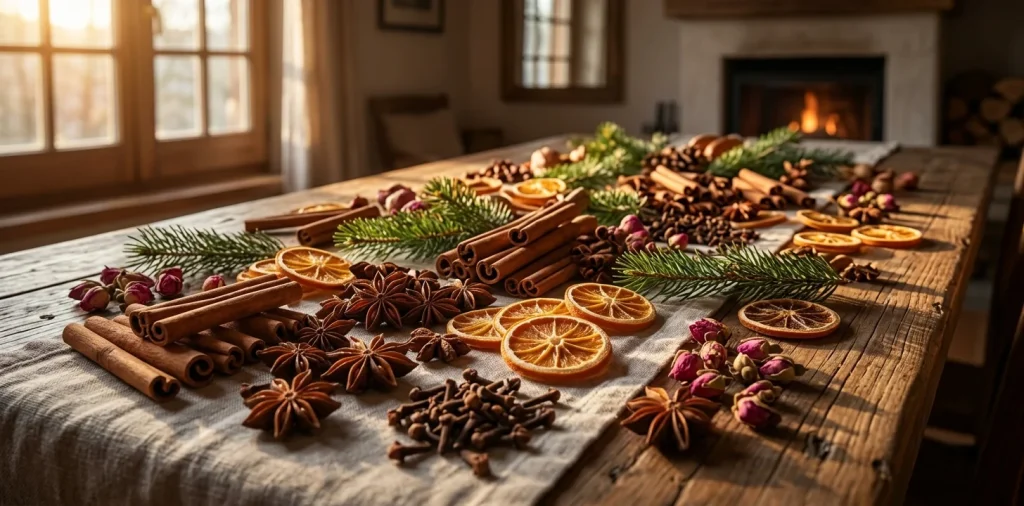 Wide view of a rustic wooden table covered in cinnamon sticks, dried orange slices, cloves, and pine sprigs for winter potpourri