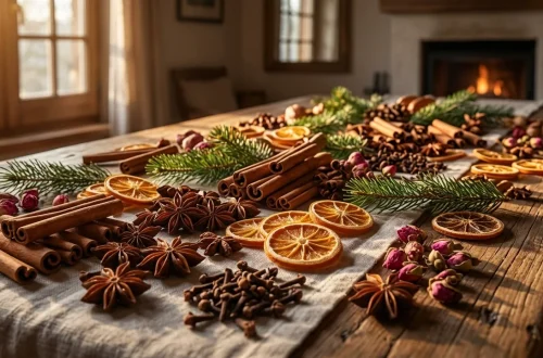 Wide view of a rustic wooden table covered in cinnamon sticks, dried orange slices, cloves, and pine sprigs for winter potpourri