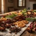 Wide view of a rustic wooden table covered in cinnamon sticks, dried orange slices, cloves, and pine sprigs for winter potpourri