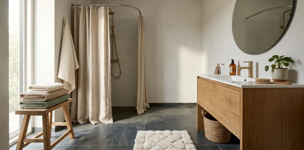 Warm Scandinavian bathroom with waffle towels on an oak stool and a beige linen shower curtain.