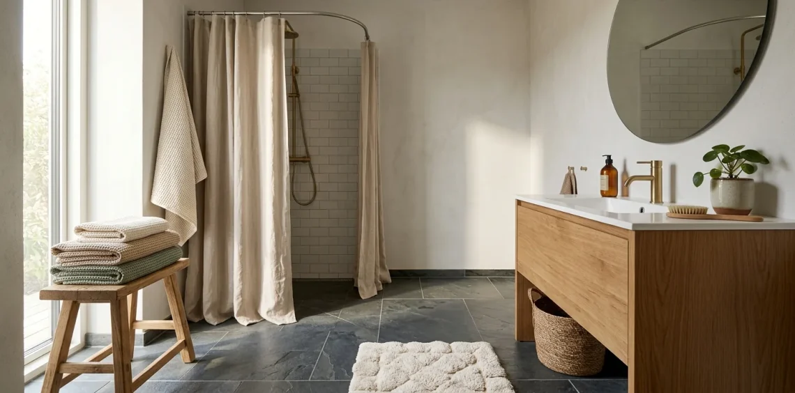 Warm Scandinavian bathroom with waffle towels on an oak stool and a beige linen shower curtain.