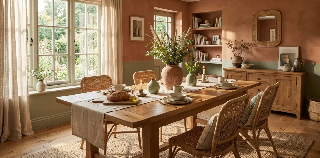 Cozy dining room interior featuring earthy terracotta walls and a raw oak wood table with rattan chairs.