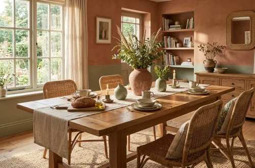 Cozy dining room interior featuring earthy terracotta walls and a raw oak wood table with rattan chairs.