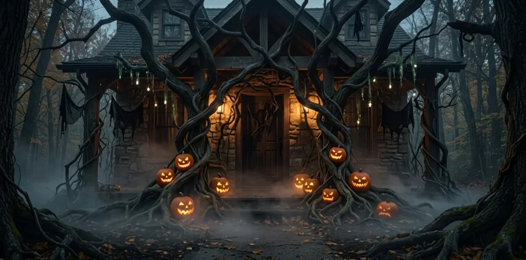 Haunted forest Halloween front porch decor with dark twisted branches and glowing pumpkins