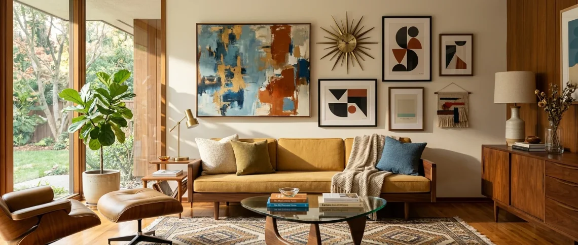 A wide view of a mid-century modern living room featuring a diverse gallery wall of abstract art and a brass sunburst clock.