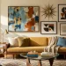 A wide view of a mid-century modern living room featuring a diverse gallery wall of abstract art and a brass sunburst clock.