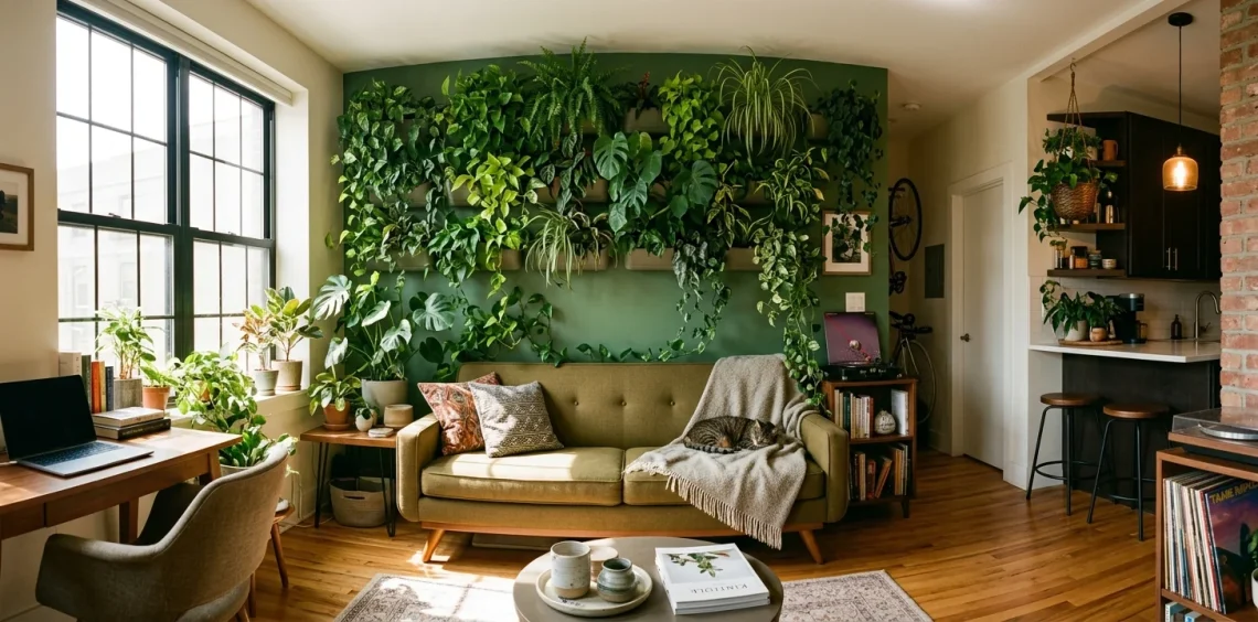 Lush vertical plant wall above a modern sofa in a bright micro studio apartment