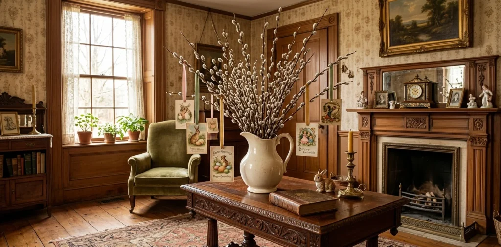 Vintage parlor featuring an Easter tree made of branches decorated with antique postcards