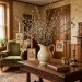 Vintage parlor featuring an Easter tree made of branches decorated with antique postcards