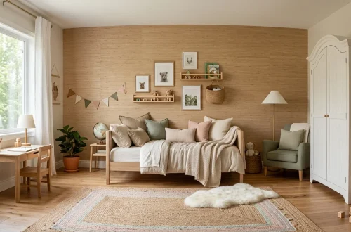 Warm grasscloth wallpaper accent wall in a stylish kids bedroom with cozy bedding