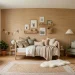 Warm grasscloth wallpaper accent wall in a stylish kids bedroom with cozy bedding