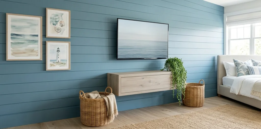 Serene coastal blue bedroom featuring a wall mounted TV above a floating light oak console with rattan accents.